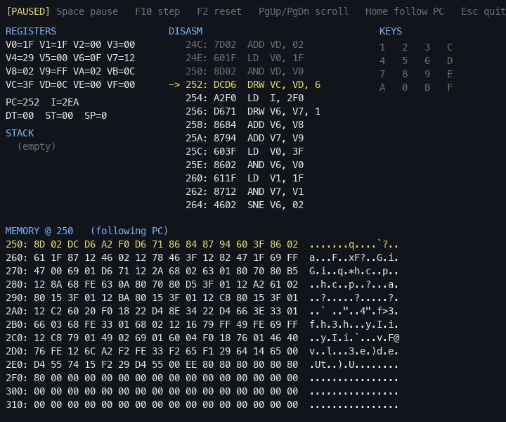 pyChip8SDL debugger window — registers, disassembly, stack, memory hex dump, and keypad state.