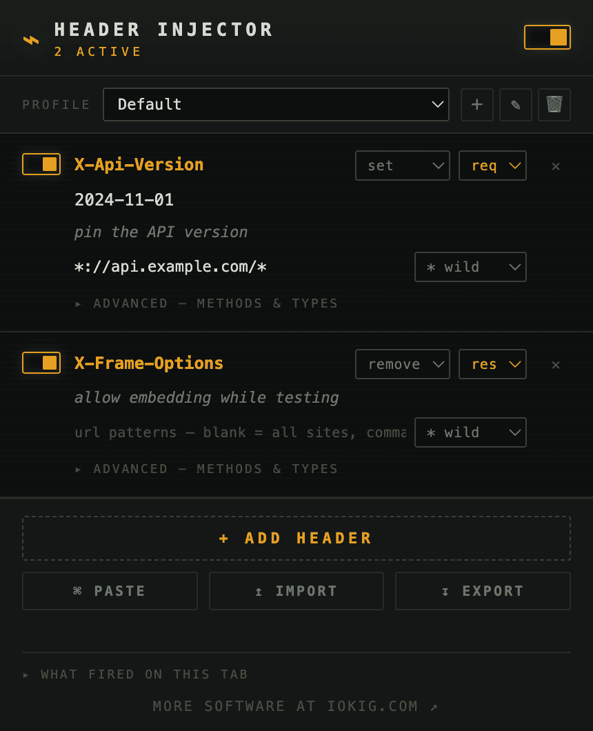 Header Injector popup — a Default profile with an X-Api-Version request header and an X-Frame-Options response header being removed, plus a master toggle and add/paste/import/export controls.