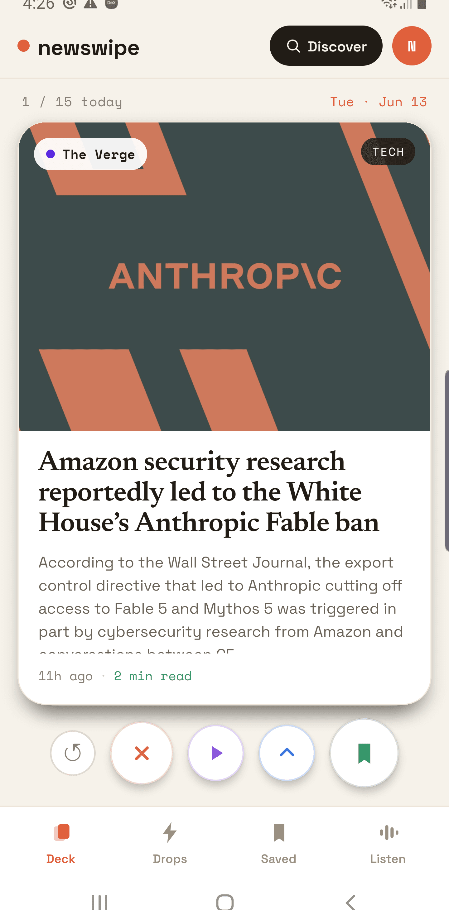 newswipe deck — a swipeable story card from The Verge with cover art, headline, and swipe actions.