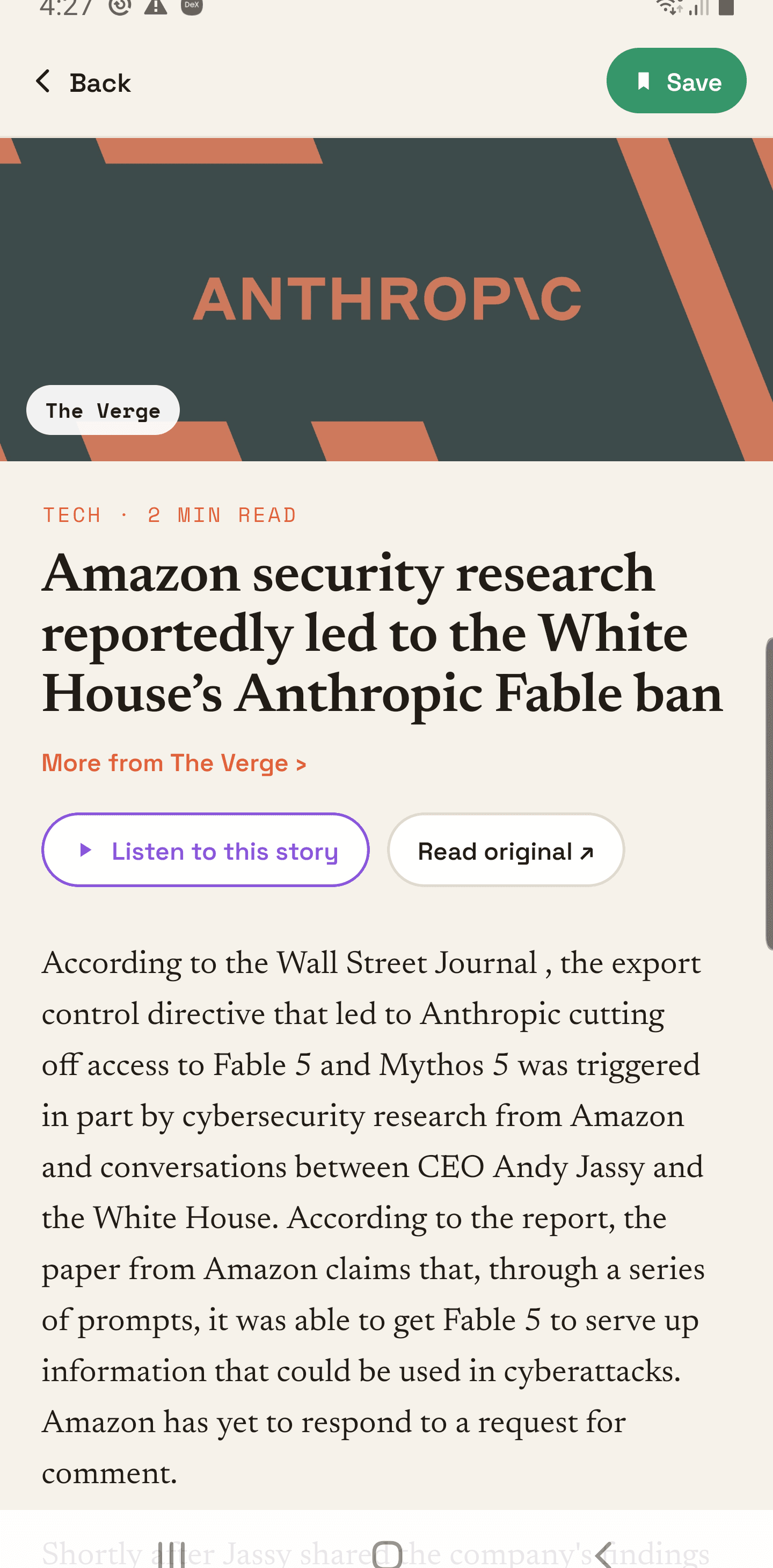 newswipe reader — a full article with Listen-to-story and Read-original actions.