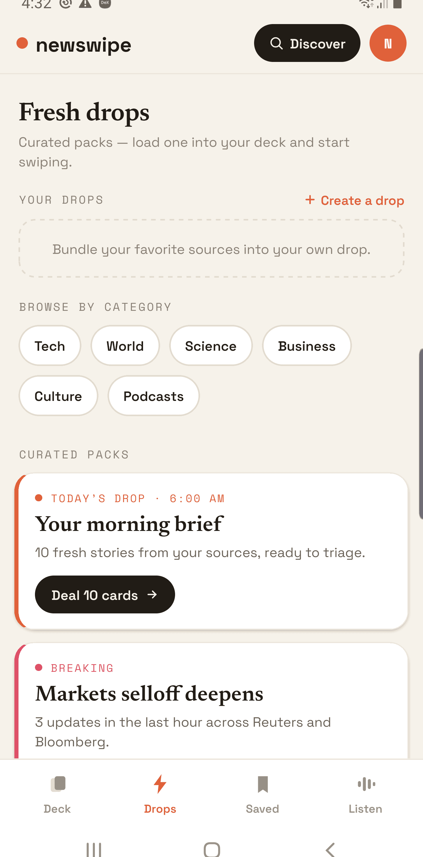 newswipe drops — curated packs like 'Your morning brief' to load into the deck.