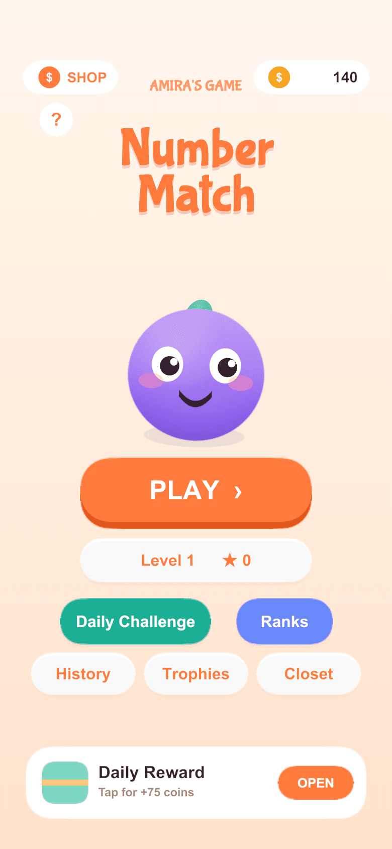 Amira's Number Match home screen — the bubbly Number Match logo and Amira, the grape mascot.