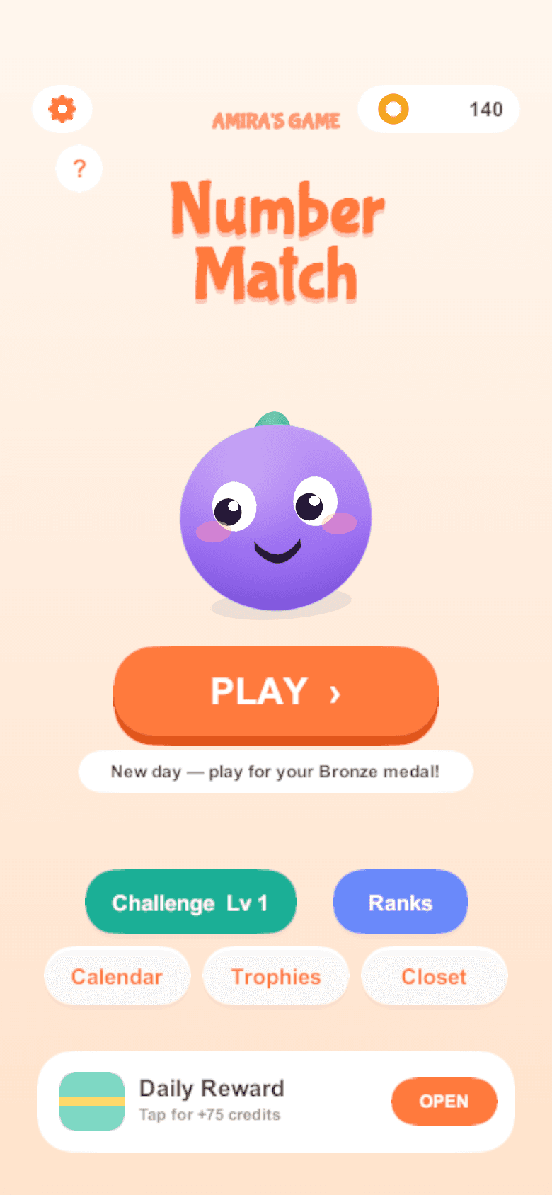 Number Match home screen with the bubbly logo and Amira the grape mascot.
