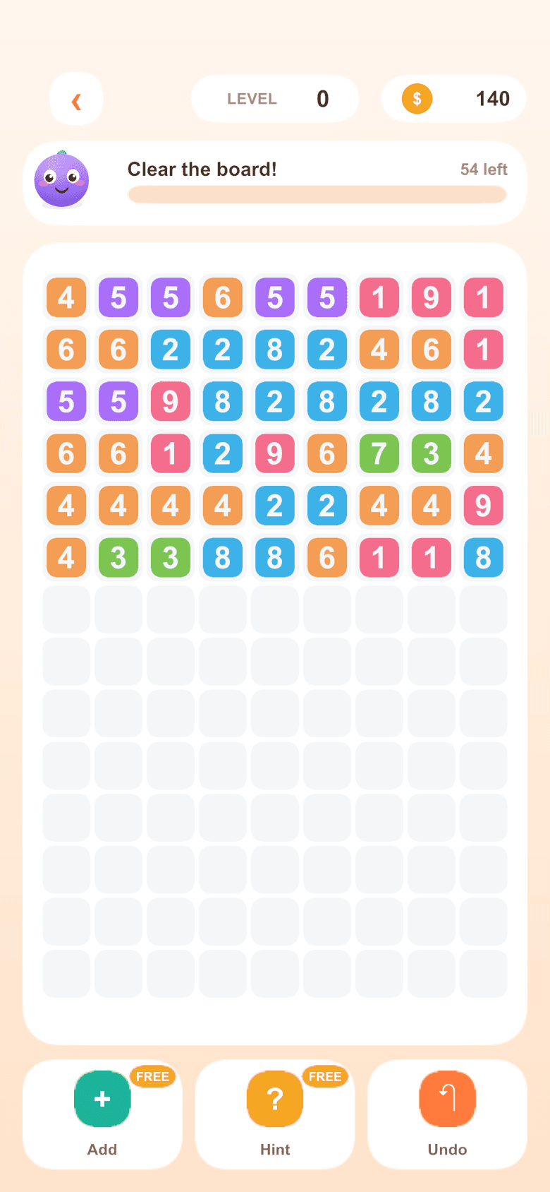 Daily mode — a full board of numbered candy tiles with a 'Clear the board!' meter.