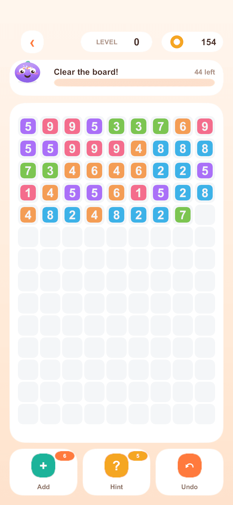 Daily mode — a full board with a 'Clear the board!' meter.