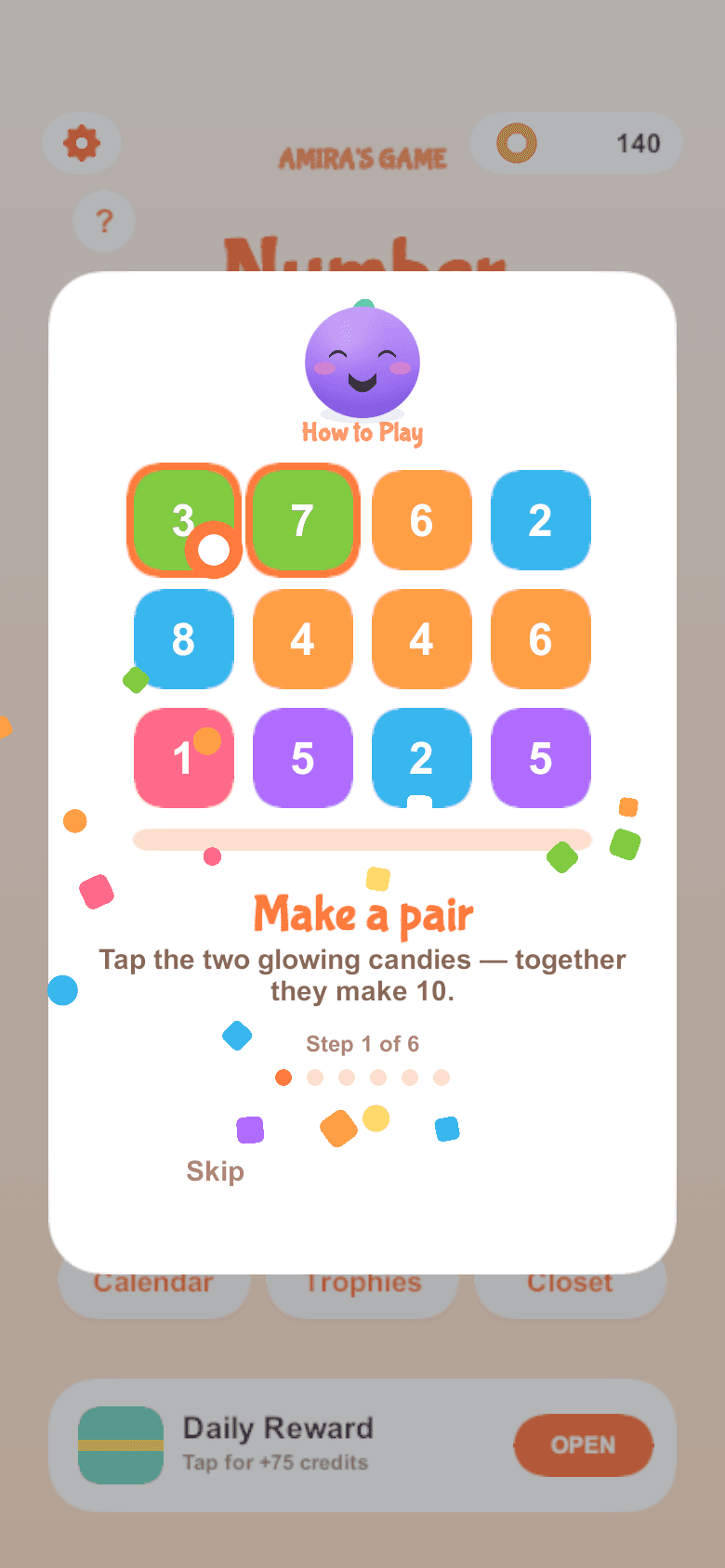 How to play — tap two candies that match or add up to ten.