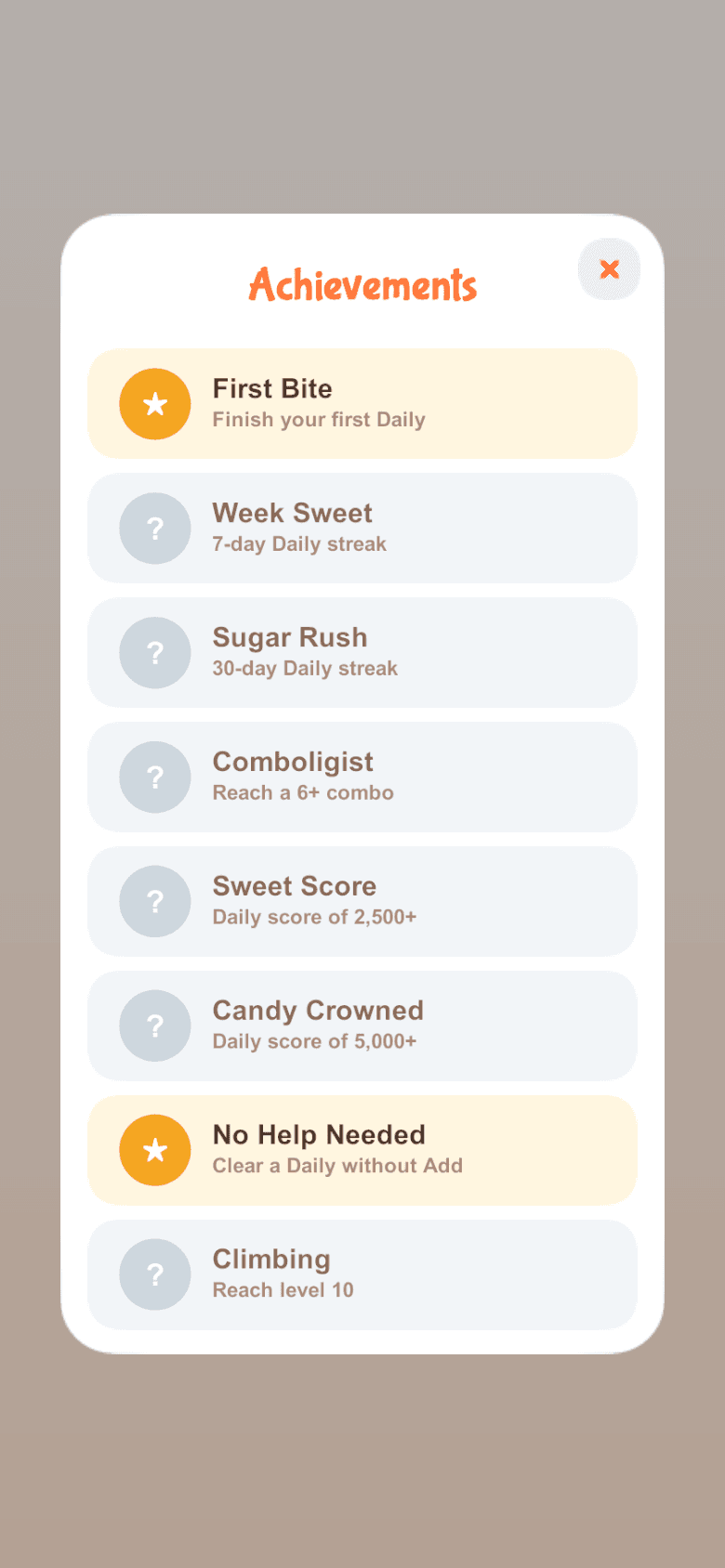 Achievements to unlock as you play.