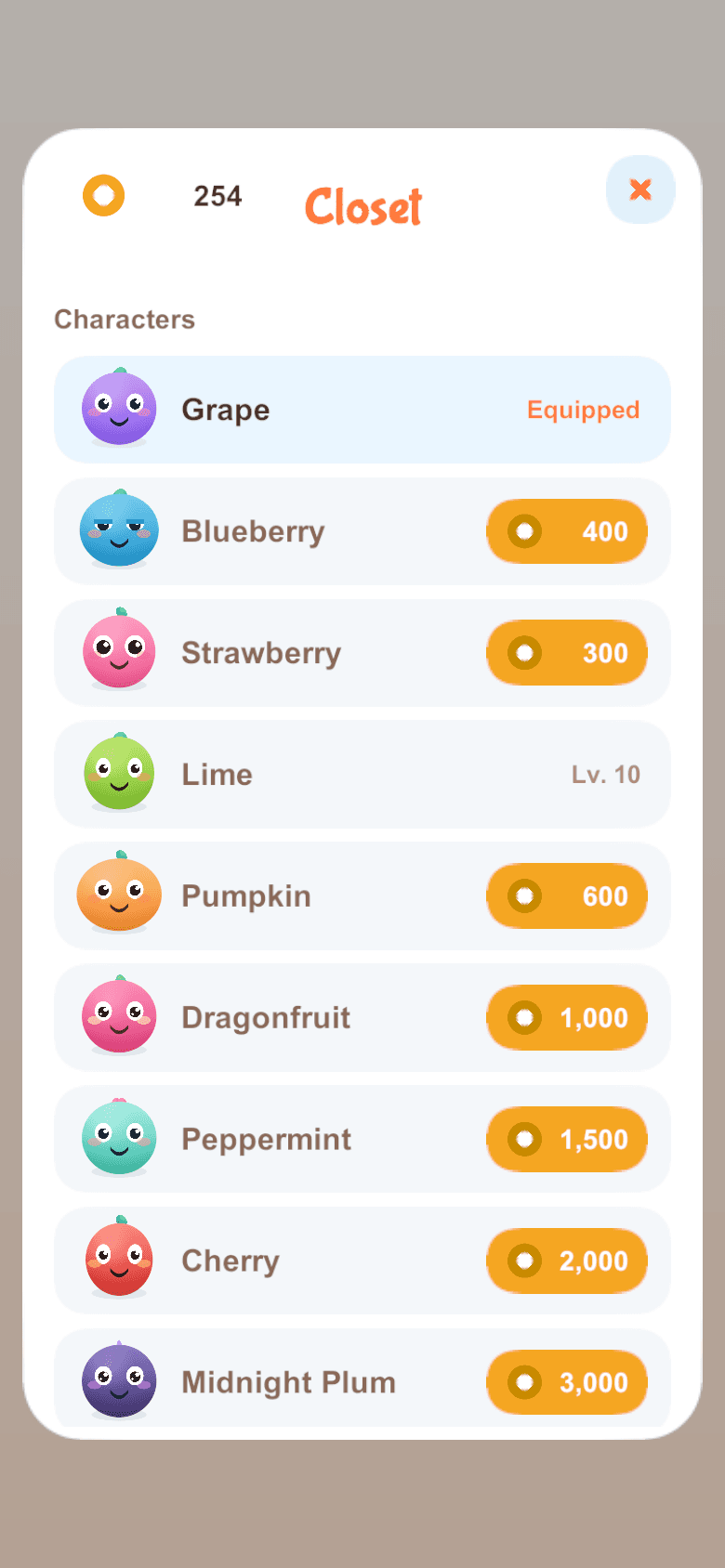 Closet — unlock and equip characters, palettes and sound packs.