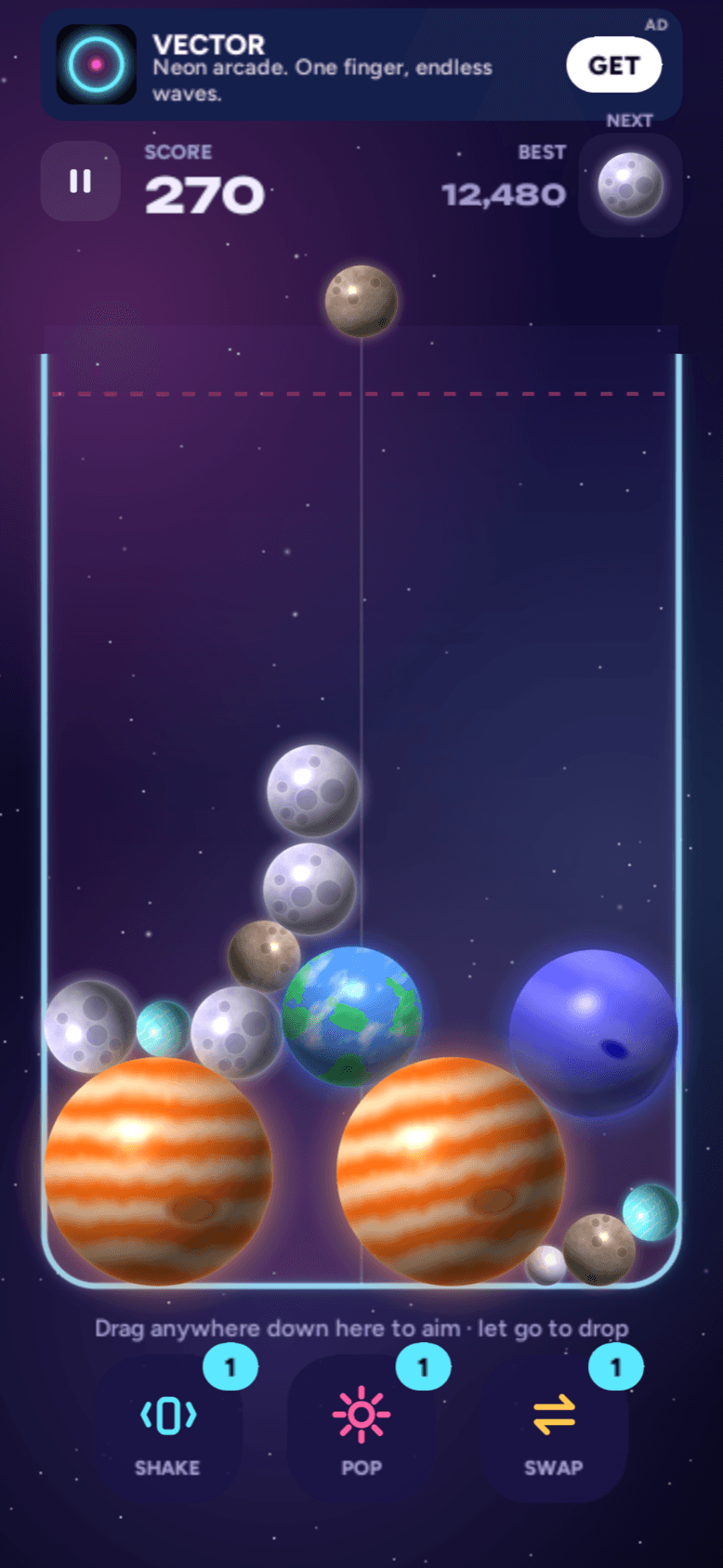 A run in progress — Jupiters, an Earth, Neptune and moons stacked in a glowing jar below the dashed danger line.