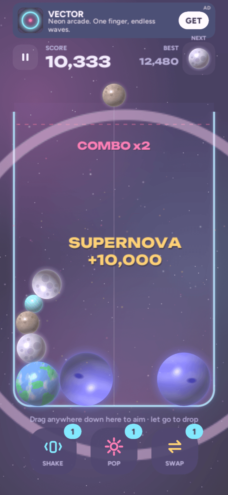 A supernova — a shockwave ring across the jar with 'SUPERNOVA +10,000' and a ×2 combo.