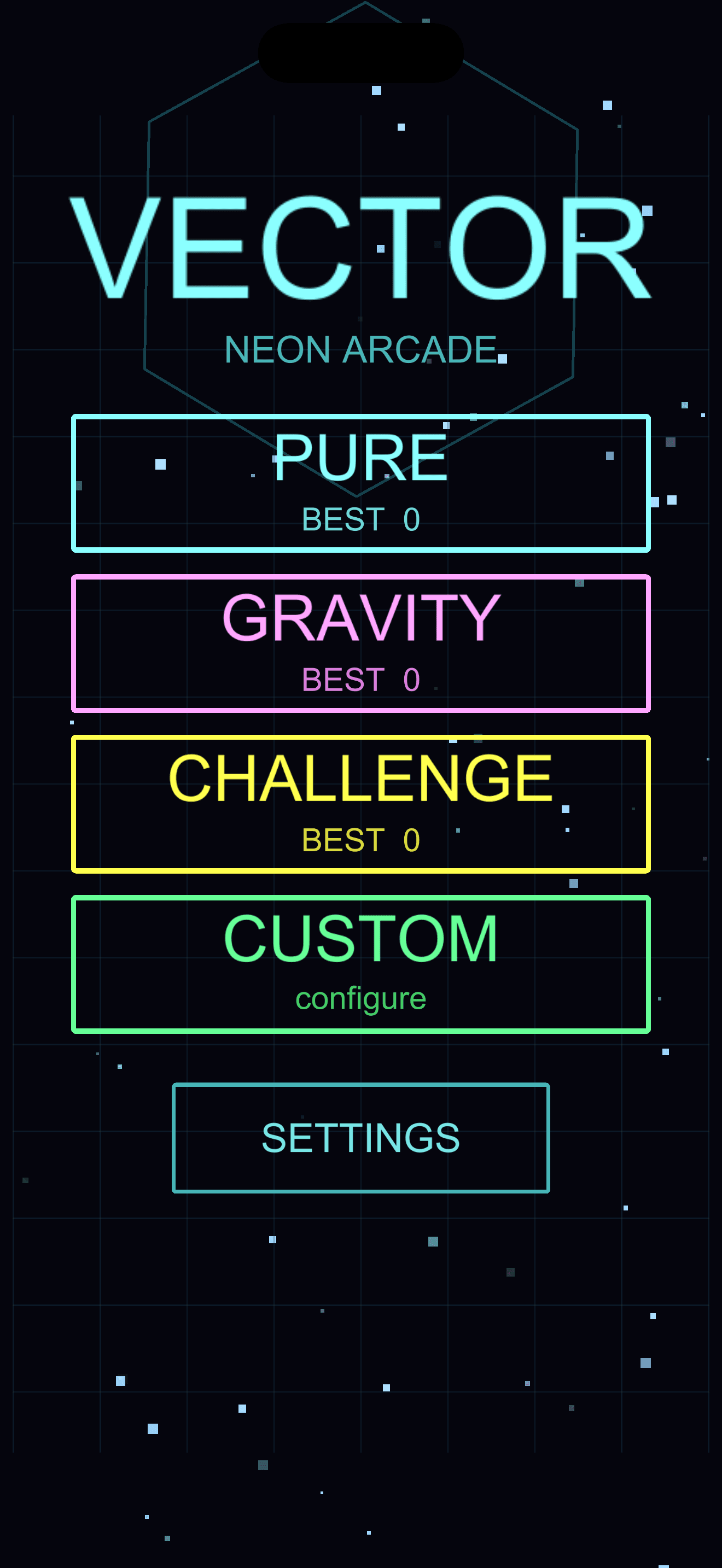 Vector main menu — VECTOR title, mode select for Pure, Gravity, Challenge, Custom.