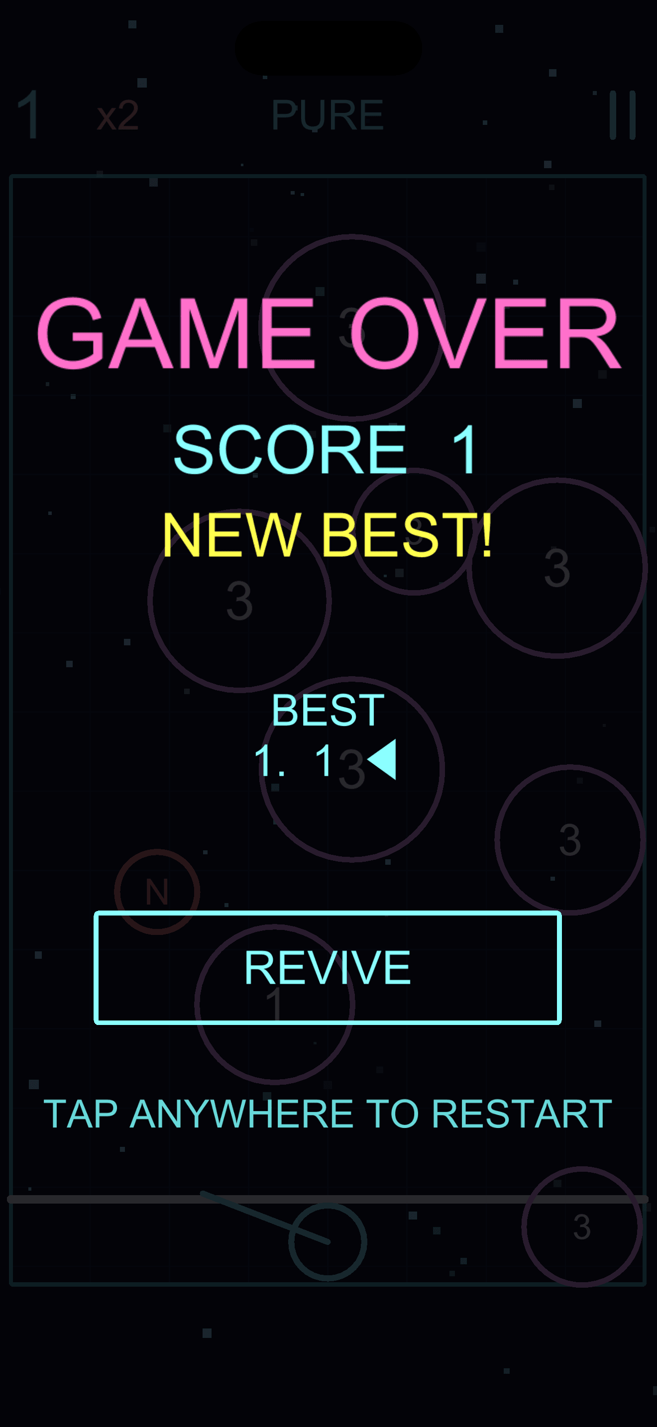 Vector game-over screen — score, new best, revive button.