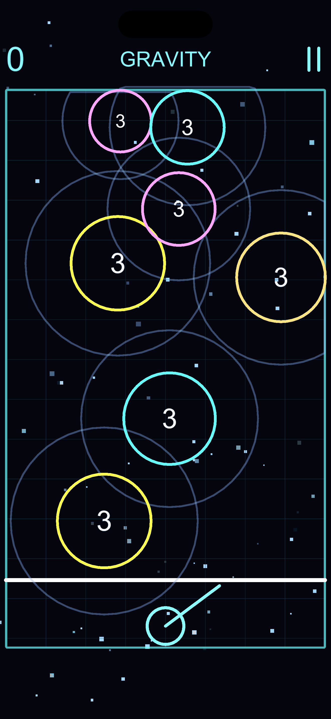 Vector Gravity mode — colored rings with bending trajectories pulled toward the cluster.